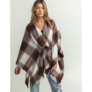 David & Young 100% Acrylic Brown Plaid Flannel Belted Poncho Boho Cottagecore